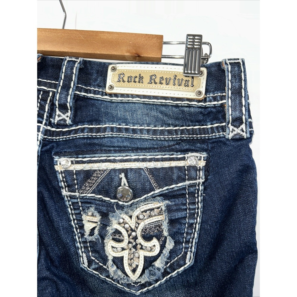 Women's Rock Revival Jeans Boris Easy Crop Rhinestone Thick Stitch Y2K Sz 27